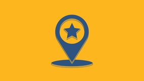 Blue Map pointer with star icon isolated on orange background. Star favorite pin map icon. Map markers. 4K Video motion graphic animation.