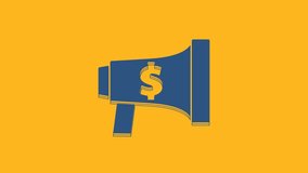 Blue Megaphone and dollar icon isolated on orange background. Loud speach alert concept. Bullhorn for Mouthpiece scream promotion. 4K Video motion graphic animation.
