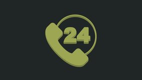 Green Telephone 24 hours support icon isolated on black background. All-day customer support call-center. Full time call services. 4K Video motion graphic animation .