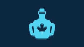 Blue Bottle of maple syrup icon isolated on blue background. 4K Video motion graphic animation.
