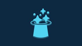 Blue Magic hat icon isolated on blue background. Magic trick. Mystery entertainment concept. 4K Video motion graphic animation.