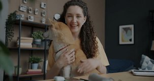 Portrait of cute young woman talking making online video call and playing with shiba inu dog in modern apartment. Communication and animals concept.