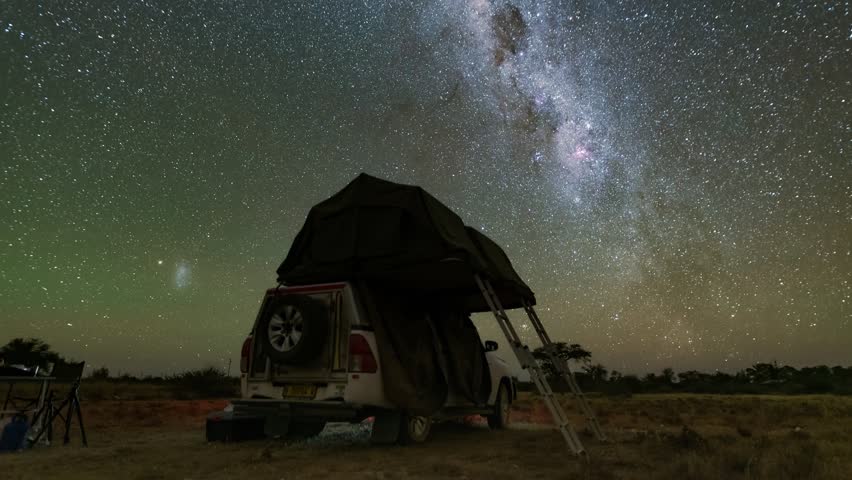 Camping under the starry sky in Namibian Savanna. Milky Way Timelapse during Namibia trip.