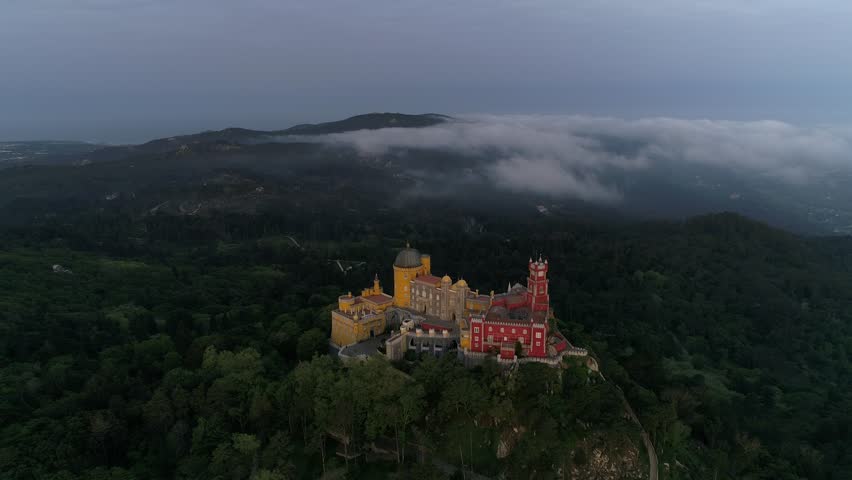 Aerial view of colorful National Palace of Pena in Sintra Portugal Royalty-Free Stock Footage #1103968715