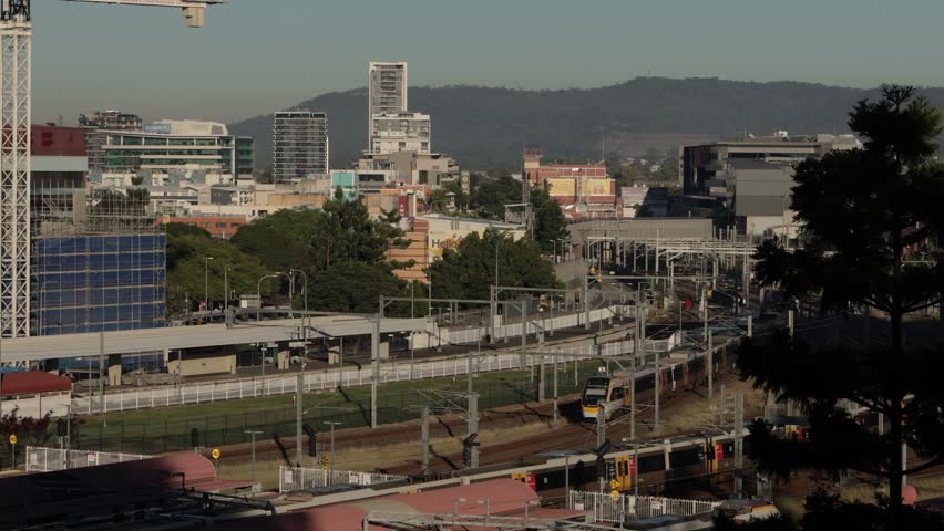 Wide view of Roma Street Station and Mount Cootha, Brisbane, Queensland, Australia