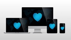 Digital world devices with social media like. Realistic set of computer monitors with Heart icon in screen and light gradient background. Animation video.