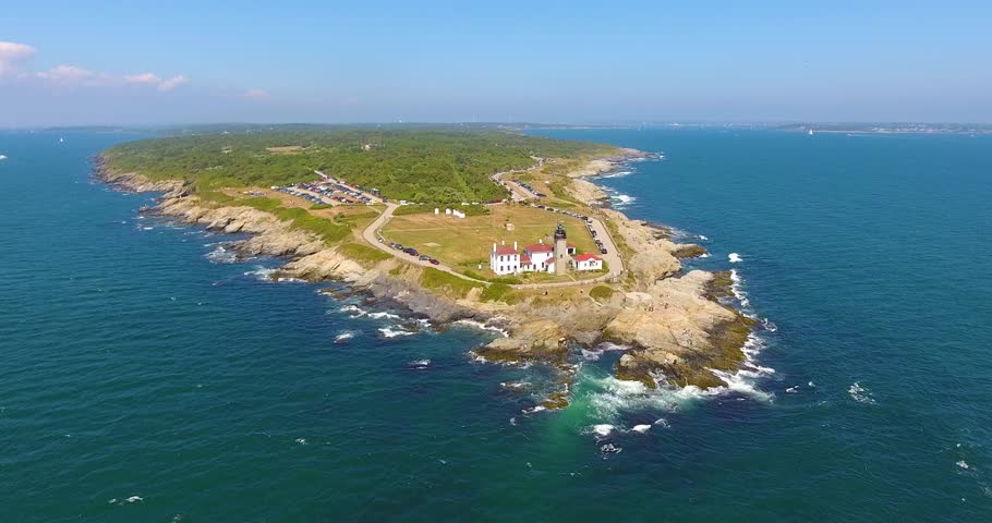 Beavertail Lighthouse in Beavertail State Park aerial view in summer, Jamestown, Rhode Island RI, USA. This lighthouse, built in 1856, at the entrance to Narragansett Bay on Conanicut Island.