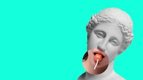 Stop motion, animation. Antique statue bust with female mouth part eating lollipop on neon background. Contemporary colorful art. Concept of art, creativity, emotions, humor, fun. Copy space for text - Powered by Shutterstock - Get 15% off with code: PIKWIZARD15