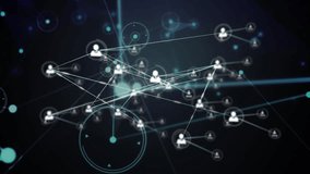 Animation of network of connections with icons over black background. Global connections, business, finances, computing and data processing concept digitally generated video. - Powered by Shutterstock - Get 15% off with code: PIKWIZARD15