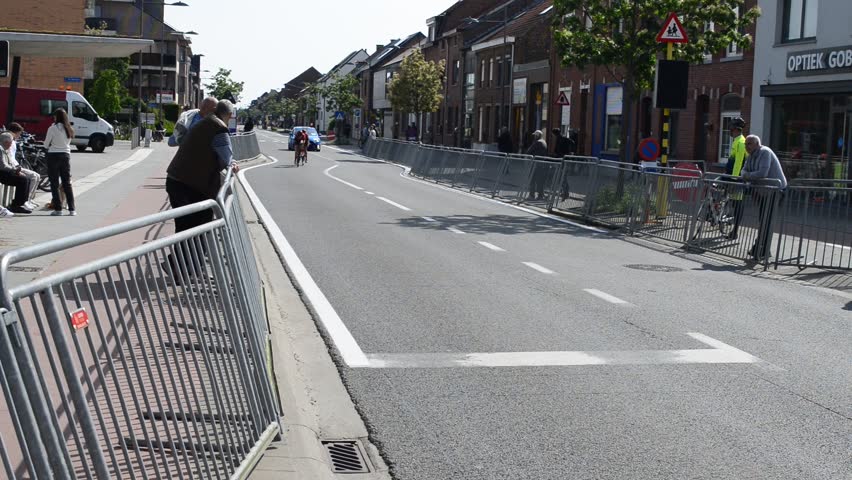 Wilsele, Vlaams-Brabant, Belgium - May 18, 2023: free access to women's local annual cycling race Ladies  Elite. Head of the cyclers, two English racers at arrival passing again the finish line