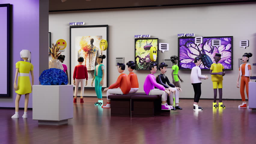 3D render of futuristic virtual museum. Avatar appears in art gallery. People as avatars watch NFT pictures online. Concept of modern metaverse technologies. 3D internet world. Future digital space. | Shutterstock HD Video #1103987741