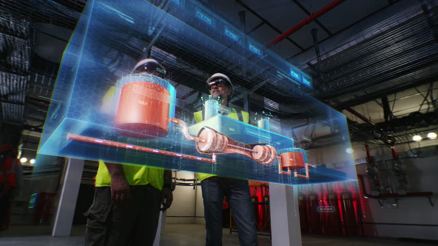 Heavy industry male workers in VR headsets watch at oil storage container and pipes on oil distribution station. 3D render of oil transmission pipelines. Modern and digital oil transport system. Royalty-Free Stock Footage #1103987775