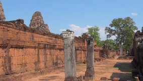 Mysterious Ancient ruins East Mebon temple - famous Cambodian landmark, Angkor Wat complex of temples. Siem Reap, Cambodia.