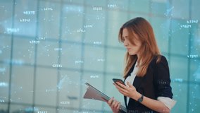 Business Woman in Suit with Smartphone, Coffe on Backgroud of the Building and Globalization Abstract Graphic. Concept of Future 5G Smart Wireless Digital City and Social Media Networking Systems - Powered by Shutterstock - Get 15% off with code: PIKWIZARD15