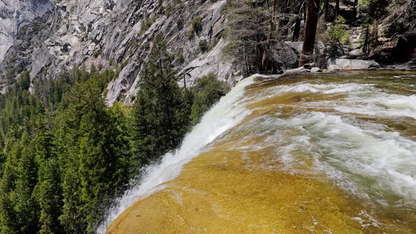 The top of Vernal Falls on the Merced River at Yosemite National Park in California.