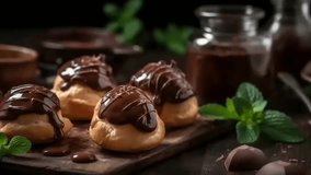 Delightful profiteroles with chocolate spread, cream and fragrant tea on wrapped table. Creative resource, Video Animation