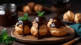 Delightful profiteroles with chocolate spread, cream and fragrant tea on wrapped table. Creative resource, Video Animation