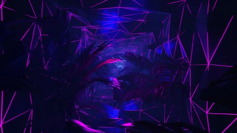 Стоковое видео: Purple and blue neon lights in a dark jungle with palm trees. Loop animation