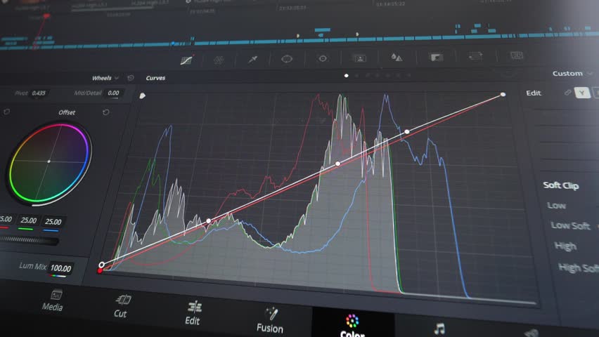 Color correction post production video in progress, close up. Video editing and professional color correction program. darkness, shadow, backlight. Macro shot of monitor screen. Color wheels Royalty-Free Stock Footage #1104002849