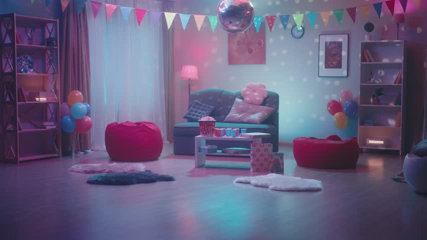 The room is decorated for the party with flags, balloons. The rotating mirror disco ball fascinates with its colorful glow. A table with popcorn, pizza and paper cups awaits guests. Royalty-Free Stock Footage #1104004223