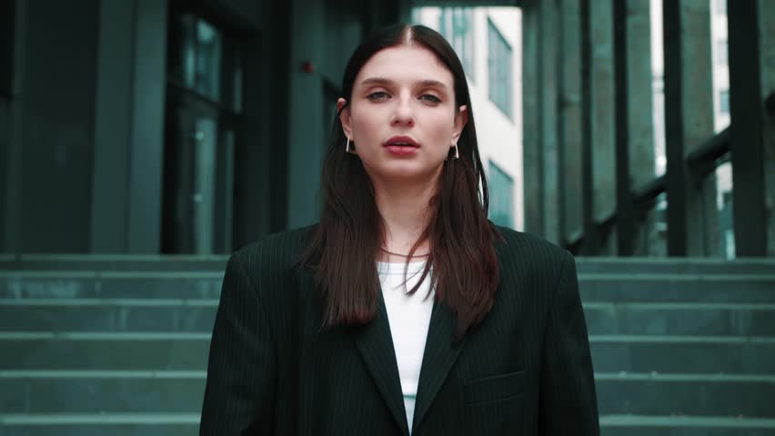 No, Young beautiful caucasian business Woman Rejecting Offer by crossing hands and waving head oudoors urban city skylines