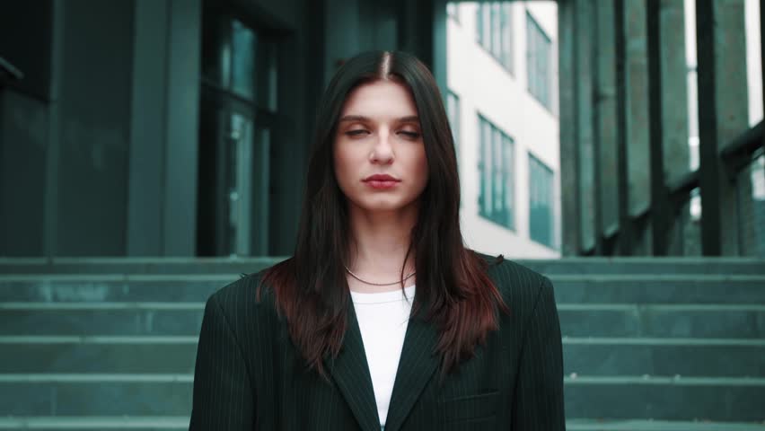 No, Young beautiful caucasian business Woman Rejecting Offer by Waving head oudoors urban city skylines