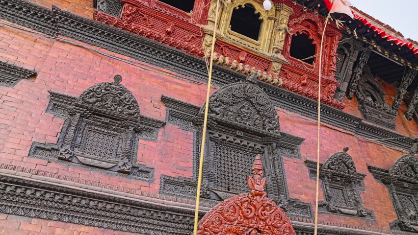 Architectural carving detail in the Kumari Ghar temple of the living goddess Kumari Devi, Durbar Square, Kathmandu, Nepal