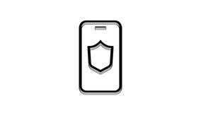 Black Smartphone, mobile phone with security shield icon isolated on white background. Security, safety, protection concept. 4K Video motion graphic animation.