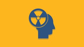 Blue Silhouette of a human head and a radiation symbol icon isolated on orange background. 4K Video motion graphic animation.
