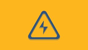 Blue High voltage sign icon isolated on orange background. Danger symbol. Arrow in triangle. Warning icon. 4K Video motion graphic animation.