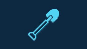 Blue Shovel icon isolated on blue background. Gardening tool. Tool for horticulture, agriculture, farming. 4K Video motion graphic animation.