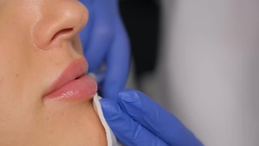 A cosmetologist makes injections in the lips of a beautiful girl. Lip augmentation procedure Royalty-Free Stock Footage #1104008873