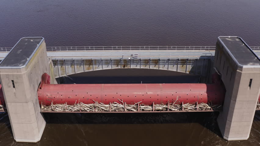 Water flowing beneath lock and dam no. 12 on the Mississippi River