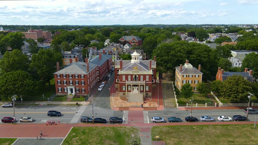 Aerial view of Custom House in Salem Maritime National Historic Site and Salem Harbor in City of Salem, Massachusetts MA, USA.