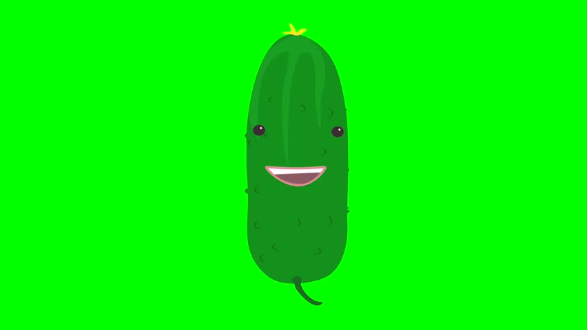 Cartoon talking cucumber loop with alpha channel. Vegetable animation on chroma key green or transparent background.