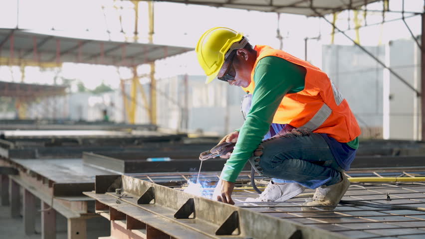 Workers at construction site weld metal structures of precast concrete slabs.