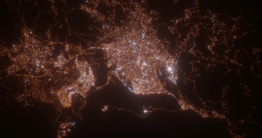 Kingston (Jamaica) aerial view at night. Top view on modern city with street lights. Camera is zooming out, rotating clockwise