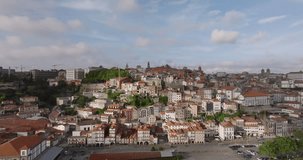 Panoramic view of the city of Porto from the Douro River. Drone video.