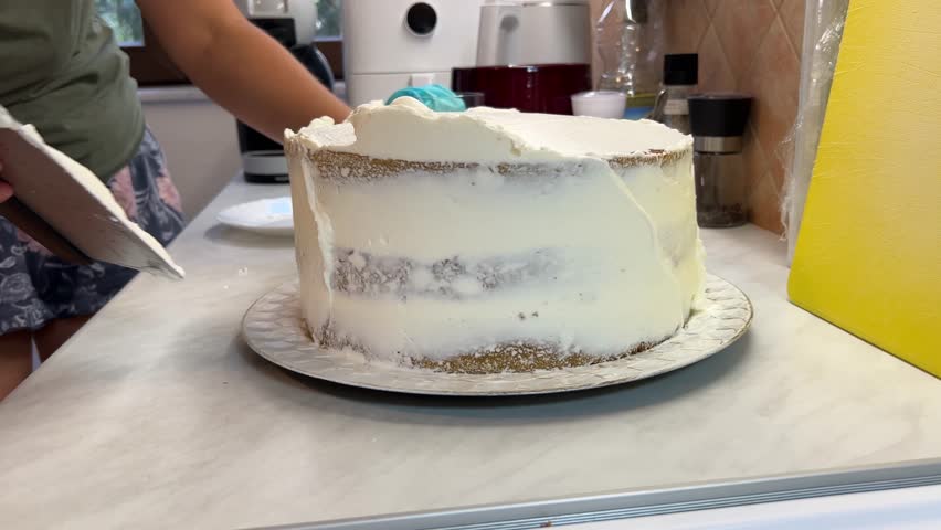 Woman evenly spreads the cream on the surface of the cake with a spatula