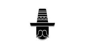 Black Mexican man wearing sombrero icon isolated on white background. Hispanic man with a mustache. 4K Video motion graphic animation.