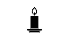Black Burning candle icon isolated on white background. Cylindrical candle stick with burning flame. 4K Video motion graphic animation.