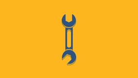 Blue Wrench icon isolated on orange background. Spanner icon. 4K Video motion graphic animation.