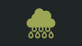 Green Cloud with rain icon isolated on black background. Rain cloud precipitation with rain drops. 4K Video motion graphic animation .