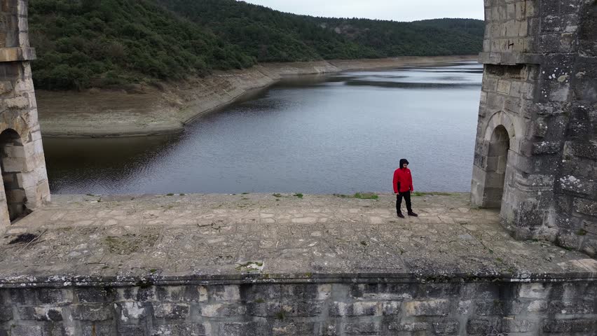 Aerial view of the lake at sunset. Aerial image of drought lake