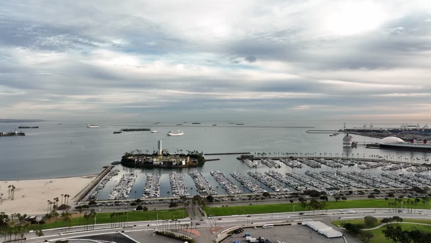 Aerial view around Long Beach Long Shoreline Marina. Aerial view of Long Beach skyline. Top view from drone of long beach CA.