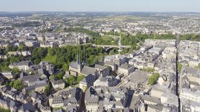 Inscription on video. Luxembourg, Historical city center in the morning. Flames with dark fire, Aerial View