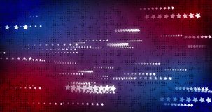 Animation of happy martin luther king day text over stars on red and blue background. Independence day, patriotism and celebration concept digitally generated video.