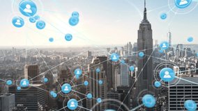 Animation of network of digital icons against aerial view of cityscape. Global networking and business technology concept - Powered by Shutterstock - Get 15% off with code: PIKWIZARD15