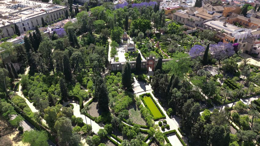 Aerial view of gardens in Royal Alcazars of Seville, Andalusia, Spain