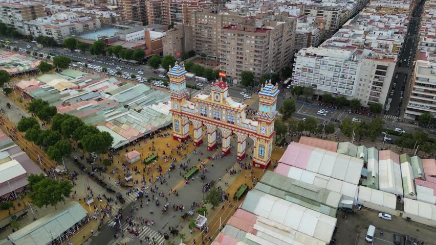 Aerial view of main gate of April Fair in Seville, Andalusia, Spain